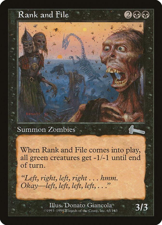 The Magic: The Gathering card "Rank and File" from the Urza's Legacy set is an uncommon zombie creature. The illustration shows multiple zombies, with the central figure having bulging eyes and an open mouth. This card requires two colorless mana, one black mana, and one green mana to play. It has 3 power and 3 toughness. Additionally, when Rank and File enters the battlefield, all green creatures receive -1/-1 until end of turn.