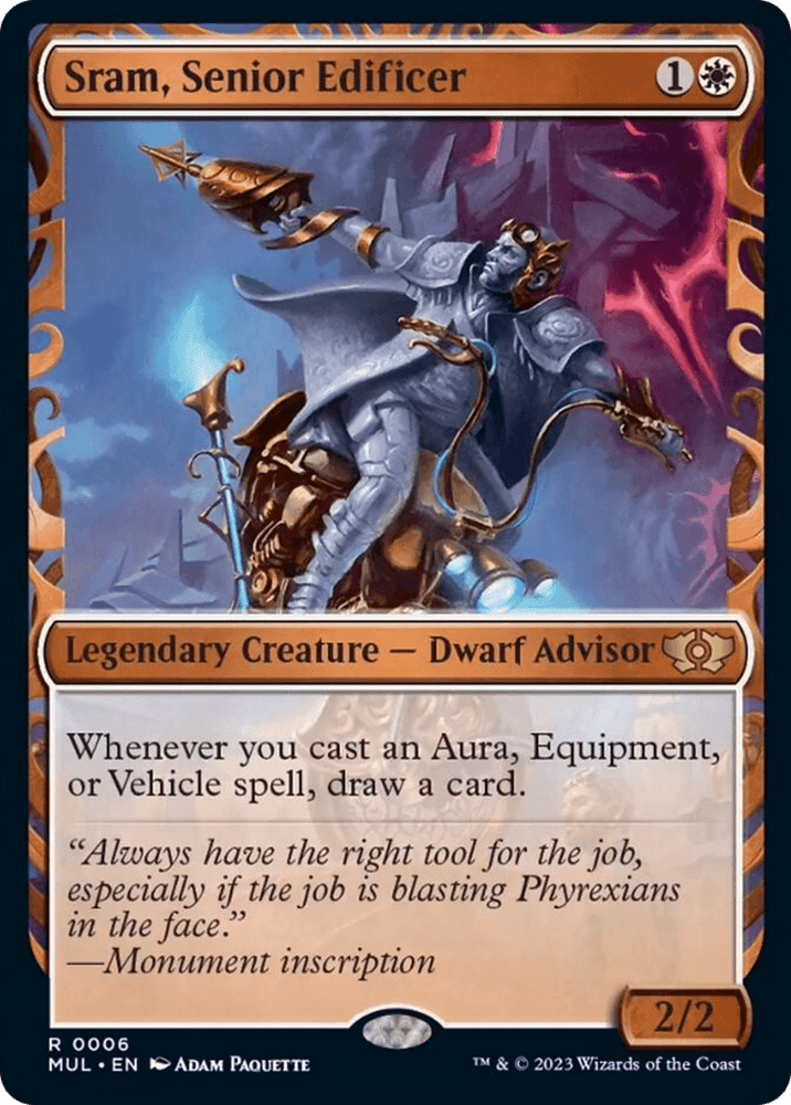 A fantasy card from Magic: The Gathering features "Sram, Senior Edificer [Multiverse Legends]," a Legendary Creature – Dwarf Advisor. This Multiverse Legends card showcases a dwarf in an ornate mechanical suit holding a glowing hammer. The frame is decorated with intricate designs, and text describes the card's abilities and flavor quote.