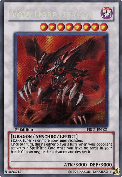 An image of the "Void Ogre Dragon [PRC1-EN021] Secret Rare" Yu-Gi-Oh! card from the 2012 Premium Collection Tin. The 1st Edition Synchro/Effect Monster card depicts a fierce, red, menacing dragon with sharp claws, wings, and heads. It boasts 3000 ATK and DEF and has the ability to negate spell/trap cards when you have no other cards in hand.