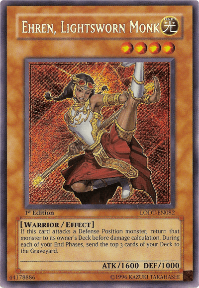 A "Yu-Gi-Oh!" trading card titled "Ehren, Lightsworn Monk [LODT-EN082] Secret Rare." This Secret Rare Effect Monster depicts a female warrior in red and gold martial arts attire, wielding nunchaku. The card’s effect involves returning defense position monsters to the owner's deck and sending deck cards to the graveyard. ATK: 1600, DEF: 1000.