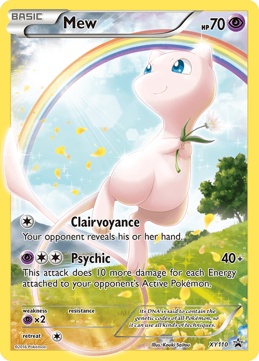 A Pokémon trading card featuring Mew (XY110) [XY: Black Star Promos] by Pokémon. Mew is a small, pink, cat-like mythical Pokémon shown in a playful pose, floating against a bright sky with a rainbow. Mew has moves named "Clairvoyance" and "Psychic," and the card's HP is 70, symbolizing its health points.