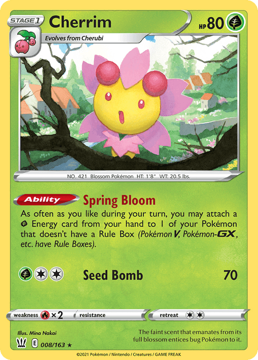 A Pokémon trading card featuring Cherrim (008/163) (Theme Deck Exclusive) [Sword & Shield: Battle Styles] from the Battle Styles series. This Rare Stage 1 card has 80 HP and showcases Cherrim with a pink, flower-like appearance, yellow petals, and green leaves. It features the ability "Spring Bloom" and the move "Seed Bomb" with a power of 70. The card number is 008/163.