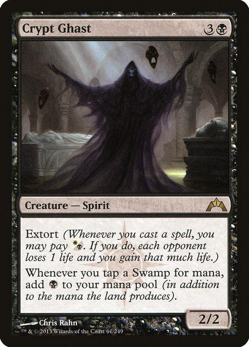 Image of a Magic: The Gathering card called "Crypt Ghast [Gatecrash]" from the Magic: The Gathering brand. This Creature — Spirit features a spectral figure in a dark, gothic setting with stone arches. It has a casting cost of 3 colorless and 1 black mana, with Extort and adds extra black mana when tapping a Swamp. Power/Toughness: 2/2.