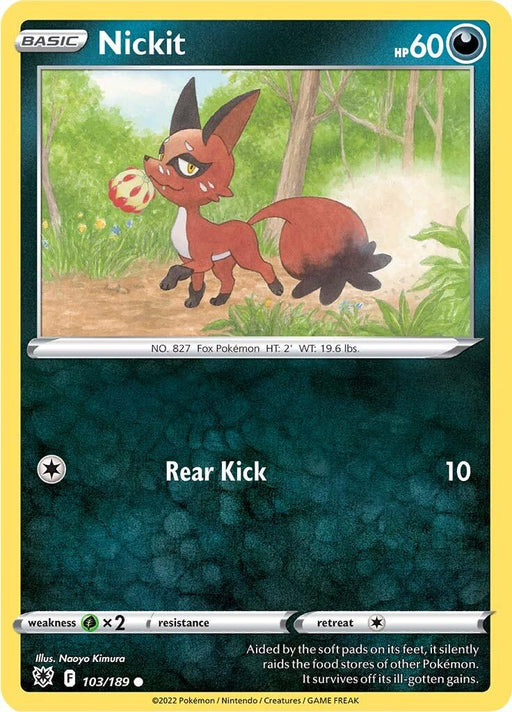This is an image of a Pokémon trading card from the Sword & Shield: Astral Radiance series featuring Nickit (103/189). The card displays Nickit, a Fox Pokémon, standing on a grassy field with trees and rocks in the background. Nickit has a reddish-brown body, large ears, and a bushy tail. The card includes its HP (60) and details such as its move "Rear Kick" which deals.