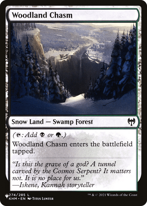 A Magic: The Gathering card titled "Woodland Chasm [Secret Lair: From Cute to Brute]," part of the Secret Lair series, is a Snow Land with types "Swamp Forest." Its abilities include: "Add {B} or {G}" and "Woodland Chasm enters the battlefield tapped." The art shows a dark, snowy ravine flanked by shadowy cliffs and pine trees.