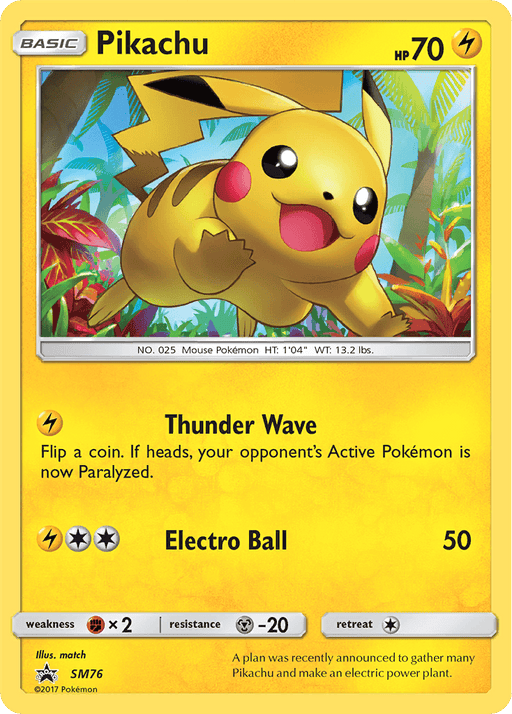A Pokémon Pikachu (SM76) [Sun & Moon: Black Star Promos] trading card featuring Pikachu. Pikachu is illustrated mid-jump in a tropical jungle with a bright yellow background, accented by lightning. The card stats include 70 HP, a Thunder Wave move, and an Electro Ball move with an attack value of 50. Text at the bottom provides additional Black Star Promos details.