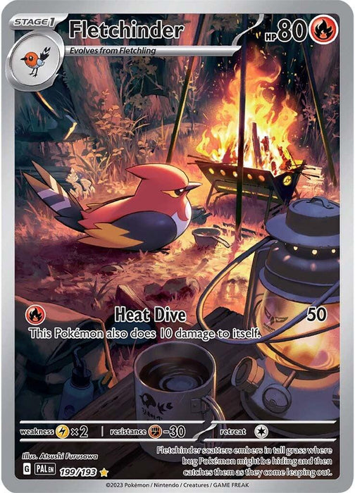 A Pokémon trading card featuring Fletchinder, a bird-like creature from the Paldea Evolved series. Fletchinder is depicted resting near a campfire at night, with a tent and various camping gear in the background. The card details include 80 HP, a move called "Heat Dive" that does 50 damage and 10 damage to itself, and weaknesses and resistances. This product is the Fletchinder (199/193) [Scarlet & Violet: Paldea Evolved] by Pokémon.
