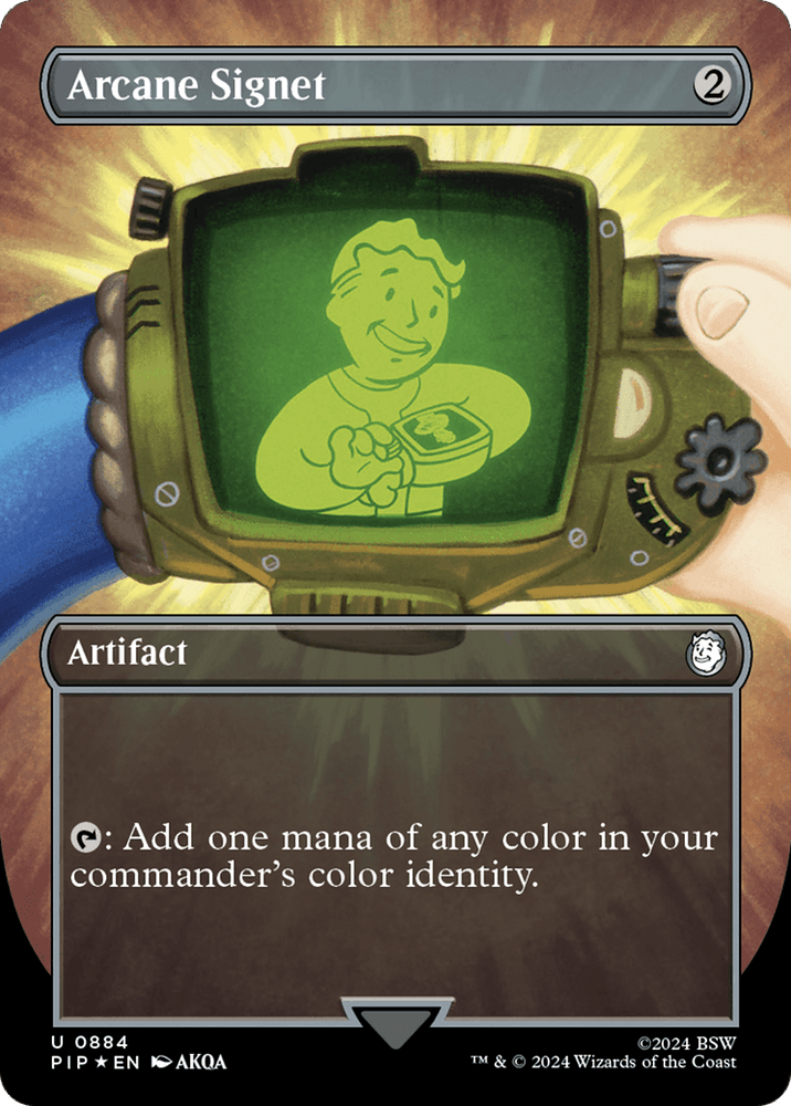 A Magic: The Gathering card titled "Arcane Signet (Borderless) (Surge Foil) [Fallout]." The card artwork features a hand holding a futuristic device displaying a holographic image of a smiling character with a thumbs-up gesture. As an Artifact, its effect allows you to add one mana of any color in your commander's color identity.