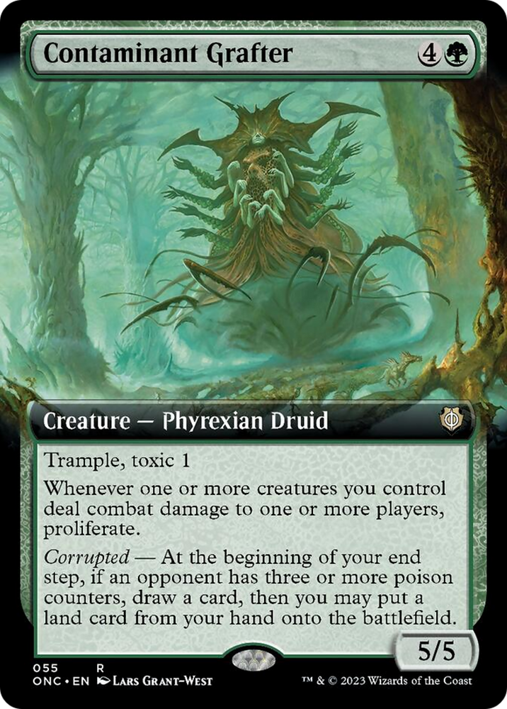 The image shows a Magic: The Gathering card titled "Contaminant Grafter (Extended Art) [Phyrexia: All Will Be One Commander]," a Rare Phyrexian Druid from the Phyrexia: All Will Be One Commander set. It depicts a menacing, multi-limbed Phyrexian creature in a corrupted forest. The card details include mana cost (4 colorless, 1 green), and abilities such as trample.