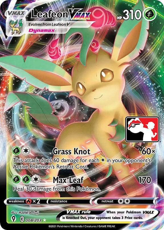 The Leafeon VMAX card from the Pokémon Prize Pack Series One features a striking design with its Grass Type creature, known for its large ears and leafy attributes, set against a dynamic and colorful backdrop. This Ultra Rare card, numbered 008/203, includes powerful moves such as "Grass Knot" and "Max Leaf" and boasts an impressive 310 HP.