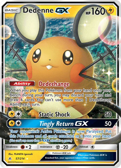 An image of a Dedenne GX (57/214) [Sun & Moon: Unbroken Bonds] from the Pokémon series featuring Dedenne-GX. Dedenne, a small, mouse-like Pokémon, is depicted in the center with glistening eyes and large round ears with black tips. The card details include its HP of 160, electric type, illustrated abilities "Dedechange" and attacks "Static Shock.