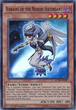 A Yu-Gi-Oh! Vanadis of the Nordic Ascendant [LC5D-EN187] Ultra Rare trading card. The card shows a female fairy with pale skin, silver hair tied in a side ponytail, and wearing a white and blue outfit with a staff. This Legendary Collection 5D's Fairy/Tuner/Effect Monster boasts 1200 ATK and 400 DEF.