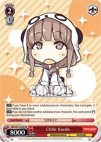 A promotional character card, Chibi Kaede [Promotional Cards] by Bushiroad, features an illustrated character named Chibi Kaede, depicted in a cute chibi-style, wearing a panda-themed hoodie. The card boasts various stats, including a power of 8000, and belongs to the 