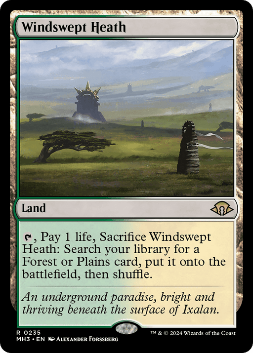 A Magic: The Gathering card titled "Windswept Heath [Modern Horizons 3]" from Magic: The Gathering. This land card features artwork of a stone pillar on a grassy field, with a towering, moss-covered rock structure in the background. Its ability lets you find Forest or Plains cards. Flavor text hints at "an underground paradise.