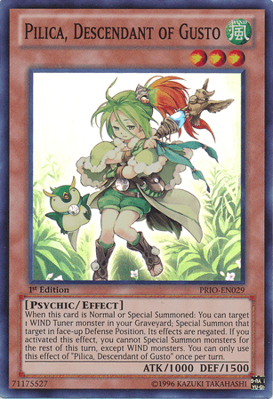 Image of a Yu-Gi-Oh! card titled "Pilica, Descendant of Gusto [PRIO-EN029] Super Rare" from the Primal Origin set. It features a WIND Tuner monster with green hair holding a staff and accompanied by a small creature. This 1st Edition card boasts Wind attributes, Psychic/Effect type, ATK 1000, DEF 1500, highlighting its summoning effect.