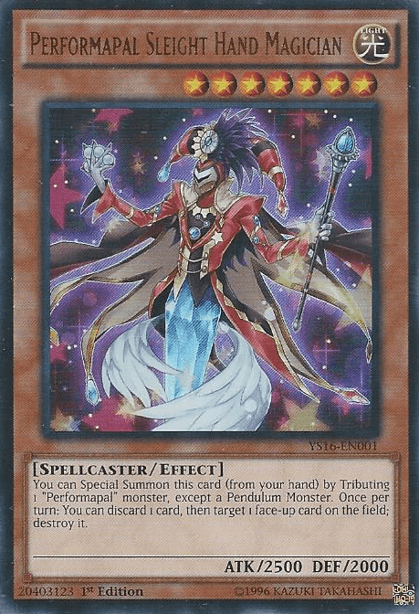 The Yu-Gi-Oh! card, "Performapal Sleight Hand Magician [YS16-EN001]," is an Ultra Rare Effect Monster that depicts a humanoid magician adorned in a red and white outfit with an extravagant hat, surrounded by swirling magical effects. This Spellcaster features 2500 ATK and 2000 DEF and includes lore about its special summoning capabilities.