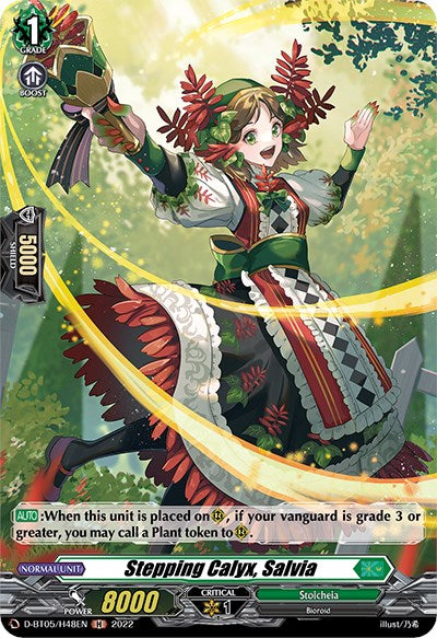 A detailed anime-style female character card from the "Cardfight!! Vanguard" series, "Triumphant Return of the Brave Heroes." The bioroid character, Stepping Calyx, Salvia (D-BT05/H48EN) [Triumphant Return of the Brave Heroes], by Bushiroad, is dressed in a colorful outfit with floral elements and stands amidst nature. The card details her abilities, stats (Power: 8000), and grade (1) with holo artwork in the background.