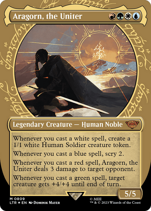 An illustrated Magic: The Gathering card titled "Aragorn, the Uniter (Showcase) (Surge Foil) [The Lord of the Rings: Tales of Middle-Earth]." The card features a cloaked character holding a sword with a broken crown and fiery background. It lists special abilities triggered by casting spells of different colors. This Tales of Middle-Earth card is labeled a Legendary Creature with 5/5 power and toughness.