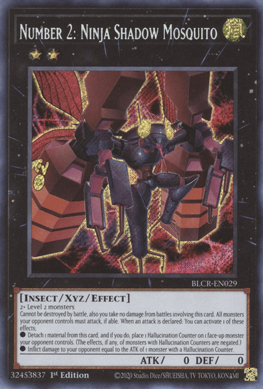 A Yu-Gi-Oh! Secret Rare trading card titled "Number 2: Ninja Shadow Mosquito [BLCR-EN029]." The card features a dark, mechanical insect with sharp appendages and glowing red eyes amidst a chaotic, red and black background. As an Xyz/Effect Monster, its effects include adding Hallucination Counters. Attack and defense details are at the bottom.