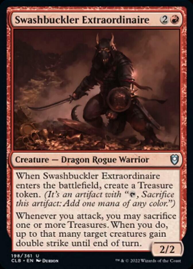 A card from Magic: The Gathering featuring Swashbuckler Extraordinaire [Commander Legends: Battle for Baldur's Gate], a Creature - Dragon Rogue Warrior. The cost is 2 and one red mana with a power/toughness of 2/2. The card text details abilities related to creating treasure tokens and sacrificing them for creature bonuses during attacks, including double strike.