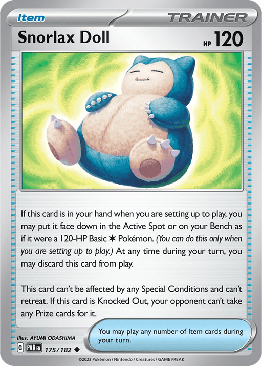 The image shows an uncommon Pokémon Trainer item card labeled "Snorlax Doll (175/182) [Scarlet & Violet: Paradox Rift]" with 120 HP. It displays an illustration of a Snorlax plush doll. The card text describes its function and conditions for play, while the bottom text states, "You may play any number of Item cards during your turn.