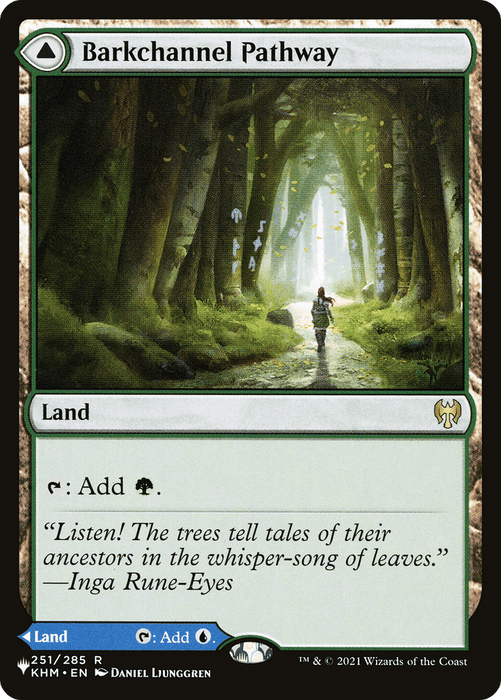 A "Magic: The Gathering" card titled "Barkchannel Pathway // Tidechannel Pathway [Secret Lair: From Cute to Brute]." It depicts a scenic forest path with sunlight filtering through the towering trees. A lone figure walks along, adding G to your mana pool. As a Rare Land in the Secret Lair series, it features a quote from Inga Rune-Eyes.