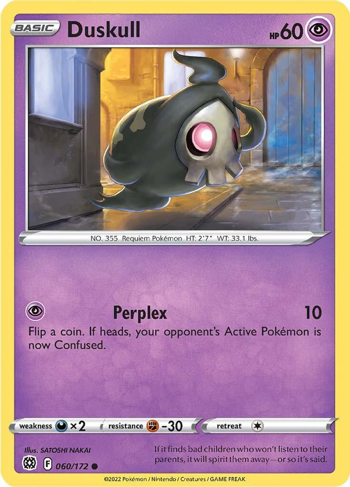 The Duskull card from the Pokémon Sword & Shield: Brilliant Stars set, numbered 060/172, showcases artwork by Satoshi Nakai. This card features Duskull with 60 HP drifting through a dark and eerie hallway. It includes the move "Perplex," which deals 10 damage and has the potential to confuse the opponent's Pokémon.