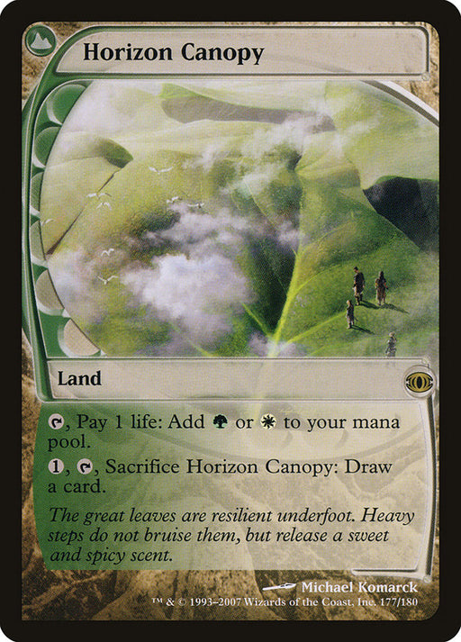 A Magic: The Gathering card from Future Sight named "Horizon Canopy [Future Sight]" features a land illustrated with lush green hills and a group of people standing under fluffy clouds. Its abilities include paying 1 life to add green or white mana, and paying 1 mana, tapping it, and sacrificing it to draw a card.