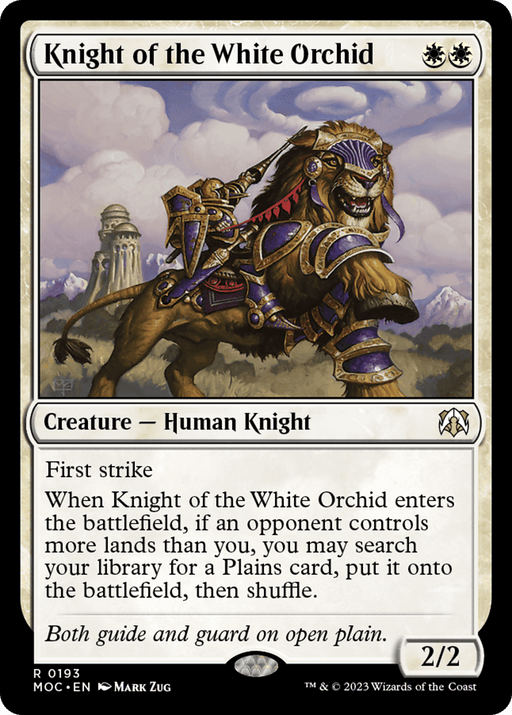 A Magic: The Gathering card titled "Knight of the White Orchid [March of the Machine Commander]" features an armored Human Knight riding a white horse in a scenic landscape. This Creature card, costing two white mana, boasts first strike, lets you search for a Plains card, and has a power/toughness of 2/2.