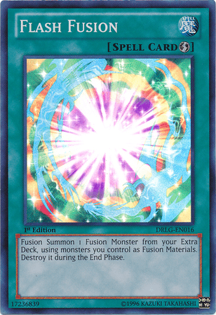 A Yu-Gi-Oh! Quick Play Spell Card titled "Flash Fusion [DRLG-EN016] Super Rare" from the Dragons of Legend series. The card features an explosion of radiant energy, surrounded by a multicolored aura. The text reads: "Fusion Summon 1 Fusion Monster from your Extra Deck using monsters you control. Destroy it during the End Phase.