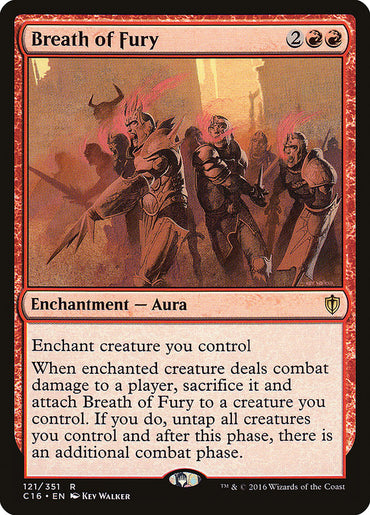 The Magic: The Gathering card, "Breath of Fury," from Commander 2016, illustrated by Kev Walker, depicts armored warriors surrounded by vivid flames. This Enchantment – Aura requires 2 red and 2 generic mana and provides an extra combat phase to wreak fiery havoc.