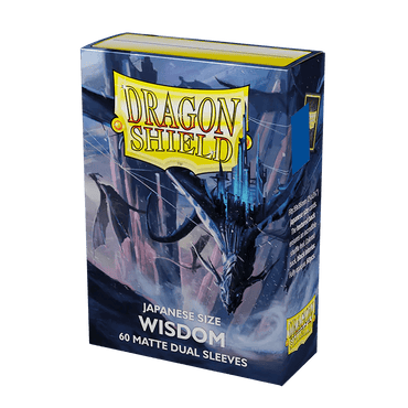 Arcane Tinmen's Dragon Shield: Japanese Size 60ct Sleeves - Wisdom (Dual Matte) features a fantasy blue dragon with cityscape illustration and black interior Dual Matte sleeves.