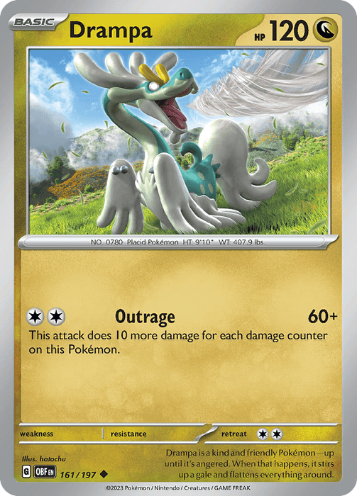 A Pokémon card featuring Drampa (161/197) [Scarlet & Violet: Obsidian Flames]. Drampa is depicted as a large, white and green dragon-like creature with a serene expression. The card has 120 HP and features the move "Outrage." The card text describes Drampa's calm nature. The background shows a sunny, grassy field with flowers, illuminated by Obsidian Flames.