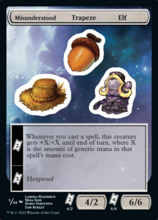 A trading card titled "Misunderstood Trapeze Elf [Unfinity Stickers]" from Magic: The Gathering features a fantasy illustration of an elf in trapeze gear. The elf has hexproof and its ability increases power and toughness based on mana cost when you cast a spell. Unfinity stickers of a hat, acorn, and another hat decorate the background.