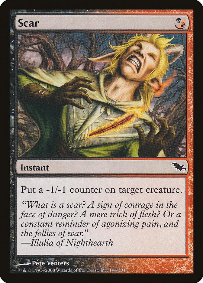 The Magic: The Gathering card "Scar [Shadowmoor]" features an anguished figure with pointed ears and yellow hair clawing at a glowing, jagged wound on its chest. As an instant, its effect allows you to "Put a -1/-1 counter on target creature." Flavor text and artist credits are placed at the bottom of the card.