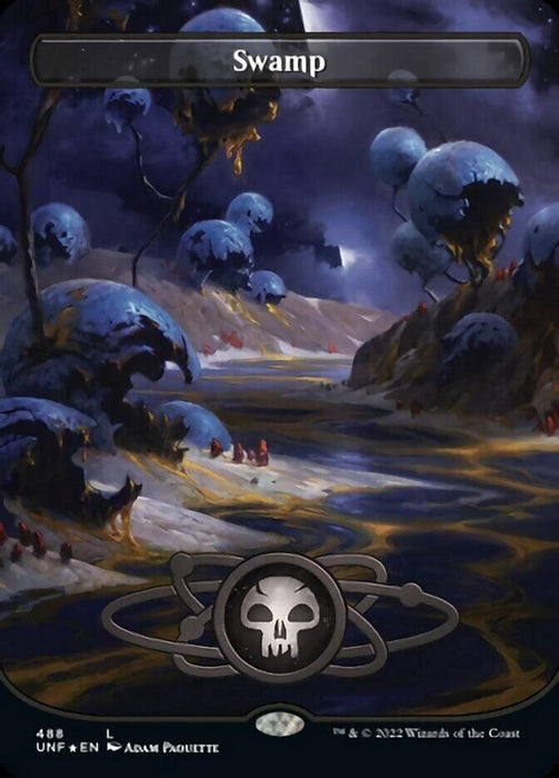 A fantasy landscape featuring a dark, eerie swamp under a night sky. The scene includes twisted, blue-leaved trees, patches of glowing yellow liquid, and warped, rocky terrain. In the foreground, an Unfinity skull-like emblem with interconnected rings symbolizes the Magic: The Gathering Swamp (488) (Planetary Space-ic Land) (Galaxy Foil) [Unfinity].