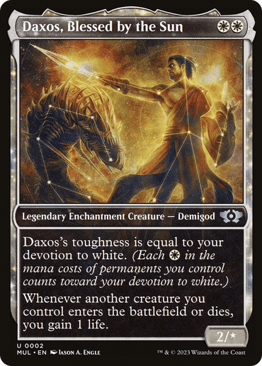 A "Daxos, Blessed by the Sun [Multiverse Legends]" Magic: The Gathering card. This Legendary Enchantment Creature features a warrior in golden armor with a spear and a glowing lion. The card text explains Daxos' toughness is linked to devotion to white and grants 1 life whenever another creature under your control enters the battlefield or dies.