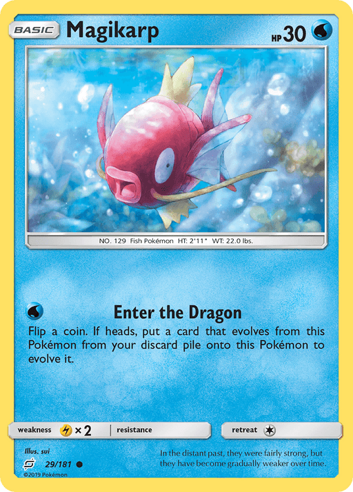 A common Pokémon card for Magikarp (29/181) [Sun & Moon: Team Up] with 30 HP, featured in the Sun & Moon: Team Up series. The card showcases an illustration of Magikarp swimming underwater. As a Basic Water-type Pokémon, its attack "Enter the Dragon" requires one Water energy and involves flipping a coin to evolve a Pokémon from the discard pile. Card number: 29/181.