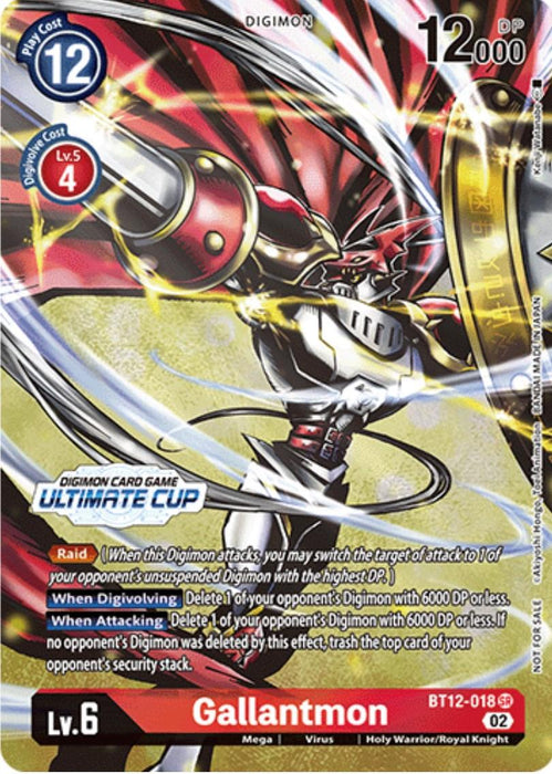 The Digimon card Gallantmon [BT12-018] (Ultimate Cup) [Across Time Promos] features a powerful, red-armored Holy Warrior/Royal Knight equipped with a lance and shield. This Level 6 Digimon has 12,000 DP and special abilities like Raid, When Digivolving, and When Attacking.