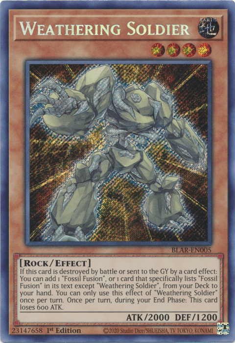 The image showcases the Yu-Gi-Oh! trading card Weathering Soldier [BLAR-EN005] Secret Rare, a Rock/Effect Monster with ATK 2000 and DEF 1200. Its effect allows you to search for 