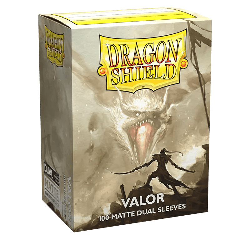 Box of Dragon Shield: Standard 100ct Sleeves - Valor (Dual Matte) by Arcane Tinmen, featuring a dynamic illustration of a person wielding a sword facing a roaring dragon. The box, labeled "Dragon Shield" at the top and "Valor" at the bottom, notes it contains 100 fully opaque Dual Matte sleeves with a black interior. The background is set against a stormy scene.