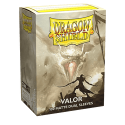 Box of Dragon Shield: Standard 100ct Sleeves - Valor (Dual Matte) by Arcane Tinmen, featuring a dynamic illustration of a person wielding a sword facing a roaring dragon. The box, labeled "Dragon Shield" at the top and "Valor" at the bottom, notes it contains 100 fully opaque Dual Matte sleeves with a black interior. The background is set against a stormy scene.