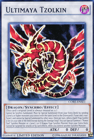 A Yu-Gi-Oh! trading card titled "Ultimaya Tzolkin [CORE-ENSE1] Super Rare." It features a serpentine dragon with glowing eyes and horns, surrounded by golden, lightning-like effects. This Synchro/Effect Monster has attributes including Dragon/Synchro/Effect, ATK 0, DEF 0, and set code CORE-ENSE1 from Clash of Rebellions.