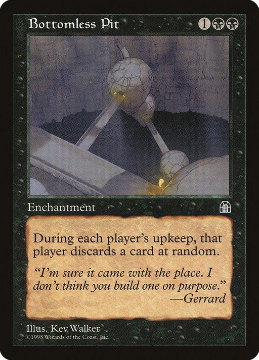 A "Magic: The Gathering" card titled "Bottomless Pit [Stronghold]." This enchantment, hailing from the Stronghold set, costs 1 colorless and 2 black mana. Its effect makes each player discard a card at random during their upkeep. The artwork depicts a stone structure with spherical chambers connected by bridges over a chasm.