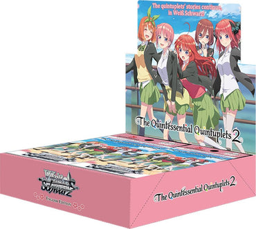 A Booster Box for Bushiroad's "The Quintessential Quintuplets 2" trading card game features vivid anime artwork depicting the quintuplets in their school uniforms. The packaging highlights their continued story and teases the potential to find a rare autographed card inside.