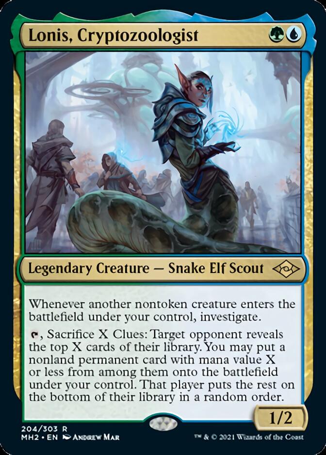 The image is of a Magic: The Gathering product, Lonis, Cryptozoologist [Modern Horizons 2]. It features detailed fantasy artwork of a Rare Snake Elf Scout holding a mystical device amidst a foggy, mystical forest. The card text describes it as a legendary creature with abilities related to investigating and using clues.