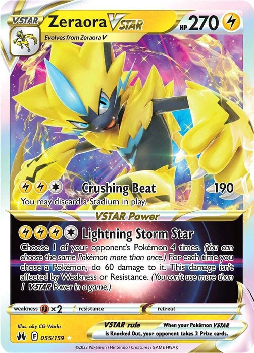 The image displays a Pokémon card featuring Zeraora VSTAR (055/159) [Sword & Shield: Crown Zenith] from the Pokémon series. The ultra rare card has 270 HP, illustrated with Zeraora in a dynamic pose with electric energy. Its moves include "Crushing Beat" and "Lightning Storm Star." The card, part of the Crown Zenith set, is numbered 055/159.