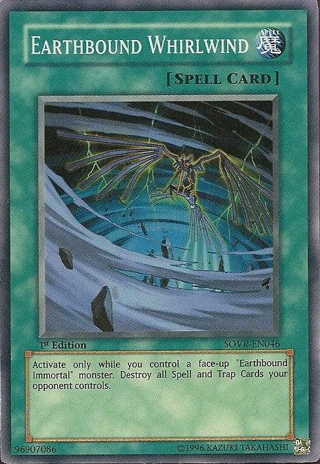 The Yu-Gi-Oh! spell card "Earthbound Whirlwind [SOVR-EN046] Super Rare" features swirling winds encircling a central figure. This 1st Edition card can be activated with an "Earthbound Immortal" monster, making it a crucial strategic asset among Spell Cards in dueling.