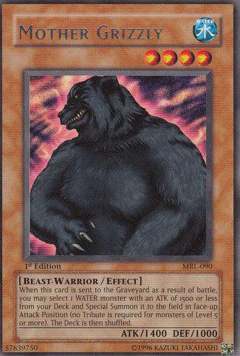 A Yu-Gi-Oh! trading card titled "Mother Grizzly [MRL-090] Rare." The card features an image of a dark-colored, fierce bear poised to attack. This 1st Edition Magic Ruler is a Level 4 WATER monster and BEAST/WARRIOR/EFFECT type. The card has ATK 1400 and DEF 1000. Text and other standard card details are visible.