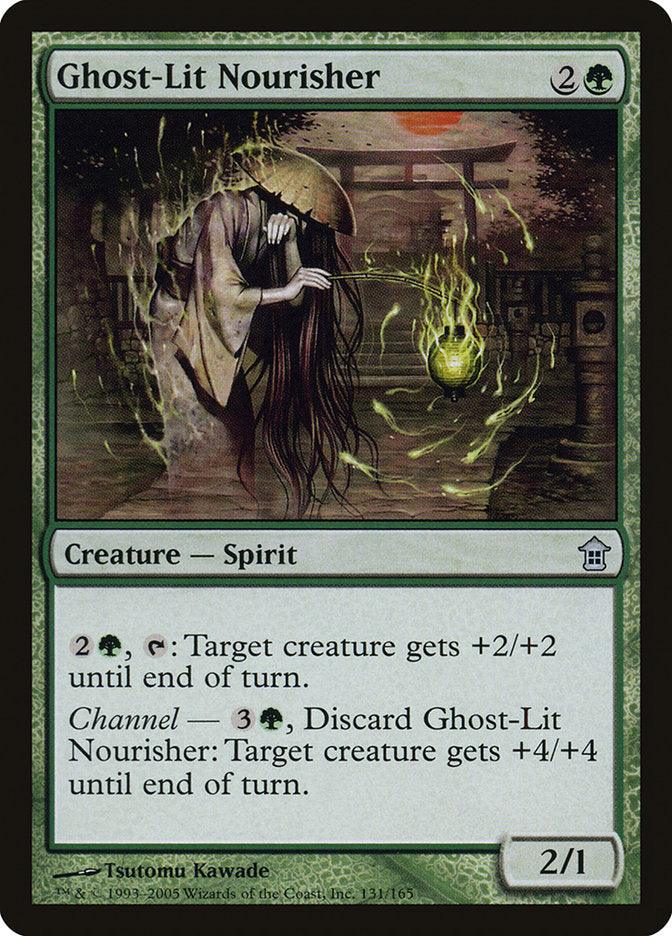 The "Ghost-Lit Nourisher [Saviors of Kamigawa]" card from Magic: The Gathering depicts a spirit holding a glowing green orb against a shadowy background. This mystical being radiates an air of mystery, with its abilities described in the text box, elegantly encapsulating the captivating spirit world.